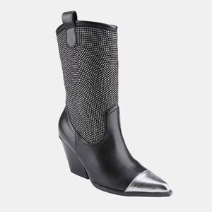 Weeboo Chunky Heel Rhinestone Western Cowboy Boots Black & Silver Women's Boots